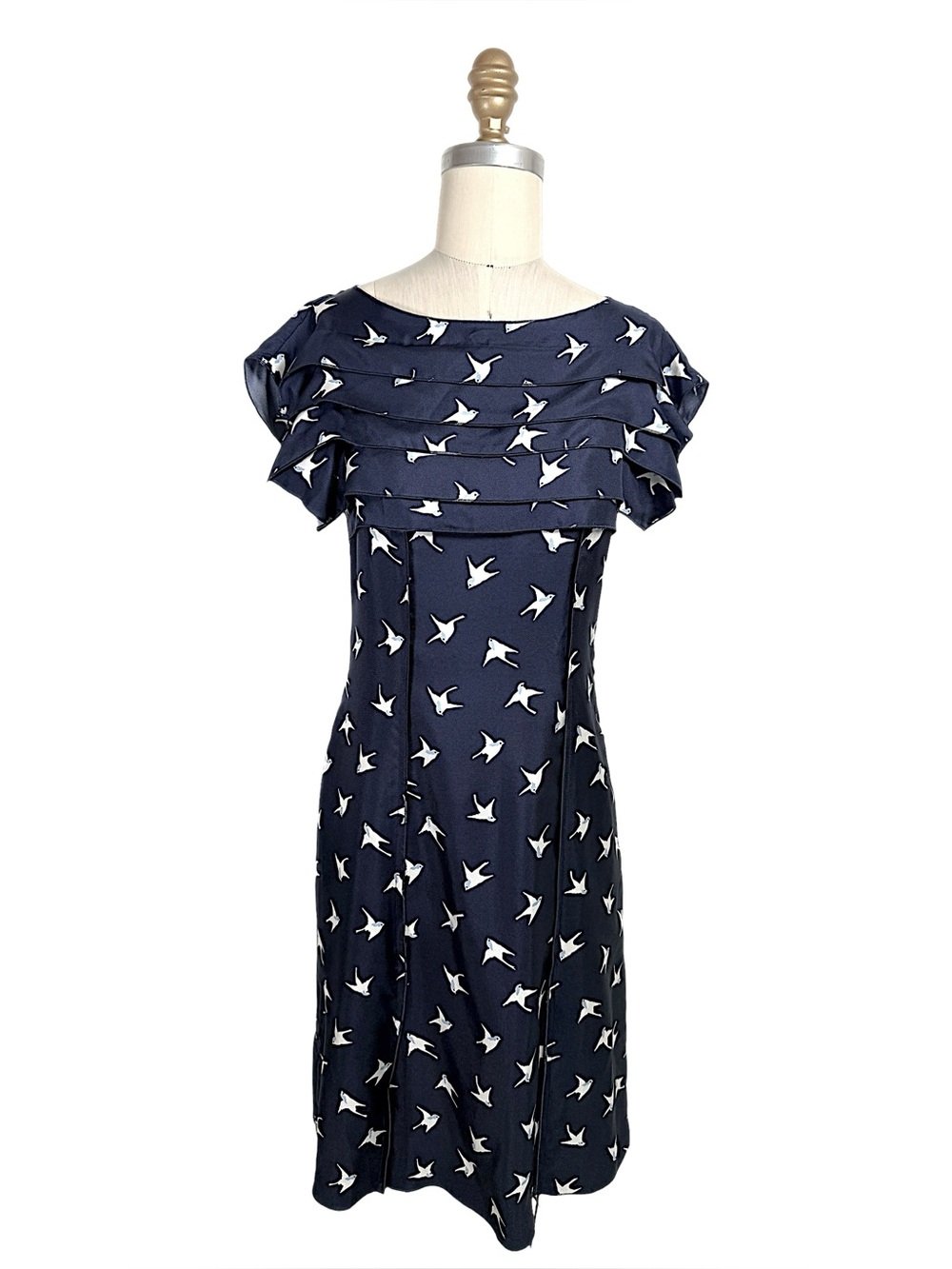 Nina Ricci Silk Bird Print Ruffle Dress FR36